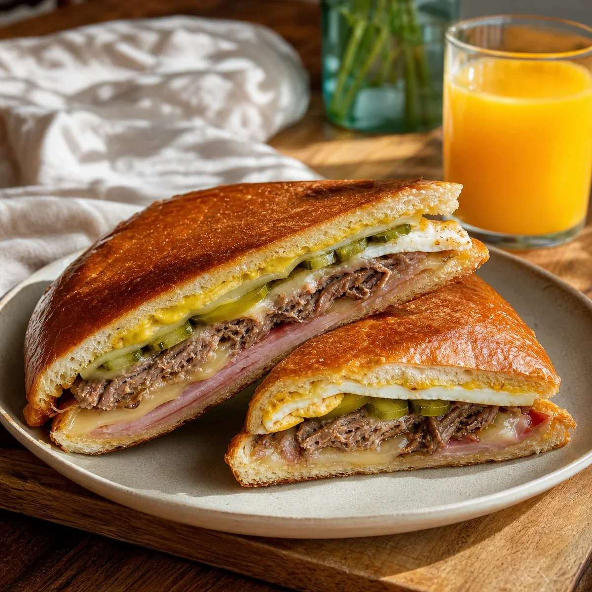 Golden brunch medianoche sandwiches cut open on a plate