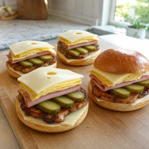 Medianoche rolls layered with pork, ham, pickles, cheese, and egg