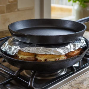 Medianoche sandwiches pressed under a heavy skillet