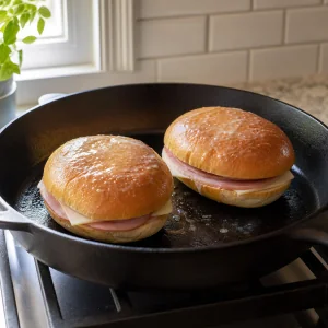 Two buttered medianoche sandwiches in a skillet