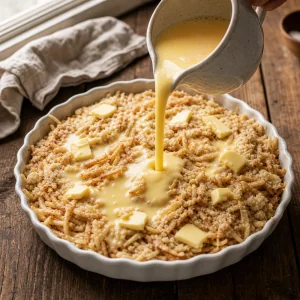 Egg and milk mixture poured over the apple layers