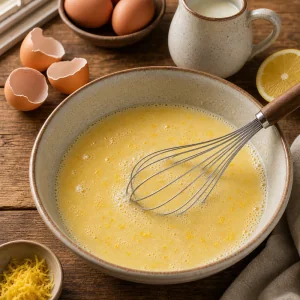 Egg and milk mixture whisked with lemon zest