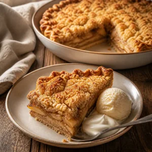 Served slice of layered apple dessert with vanilla ice cream