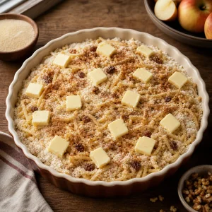 Unbaked layered apple dessert topped with butter pieces