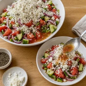 Salada pronta servida com pimenta-do-reino e sucos temperados