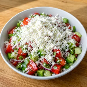 Finished Shopska salad topped with grated sirene cheese