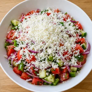Salada shopska coberta com queijo sirene ralado