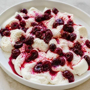 Crushed cherries and juice scattered over torn burrata