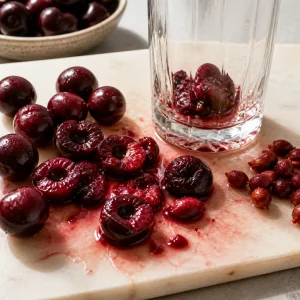 Crushed cherries split open on a cutting board