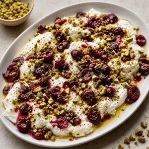 Crushed pistachios sprinkled over burrata and cherries