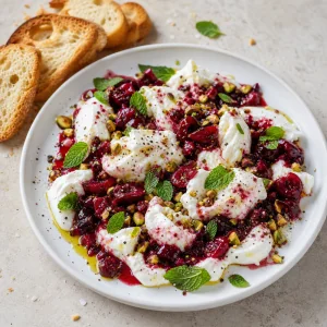 Finished burrata platter with crushed cherries, pistachios, mint, and crostini