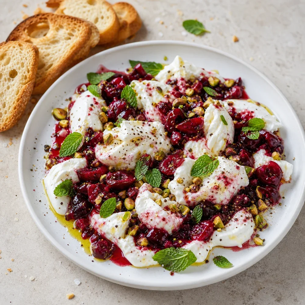 Finished burrata platter with crushed cherries, pistachios, mint, and crostini