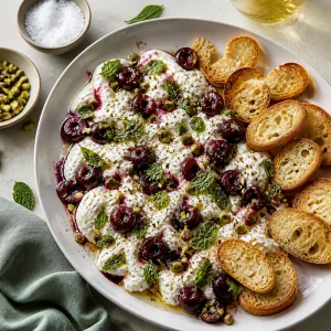 Finished burrata platter with mint, salt, pepper, and crostini