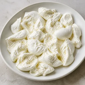 Torn burrata pieces spread on a serving platter