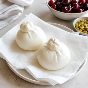 Whole burrata balls draining on paper towels