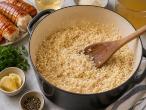 Arroz Arborio tostándose con mantequilla y aromáticos