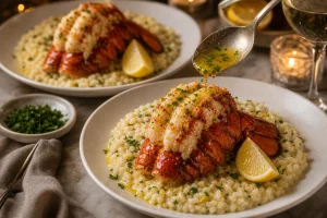 Cola de langosta pochada en mantequilla sobre risotto al limon