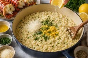 Ralladura de limón, Parmesano y perejil mezclados en el risotto