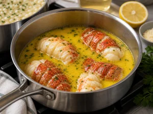 Colas de langosta pochadas suavemente en emulsión de mantequilla