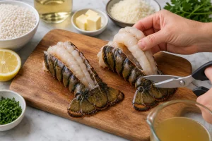 Colas de langosta abiertas con tijeras de cocina