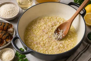 Chalota y ajo sofriéndose en mantequilla derretida