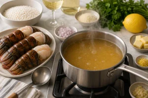 Caldo de mariscos caliente hirviendo suavemente en un cazo