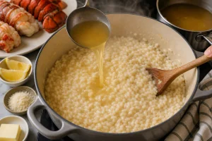 Caldo caliente añadido con cucharón al risotto cremoso