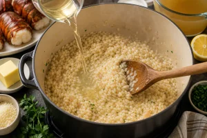 Vino blanco vertido sobre el arroz del risotto
