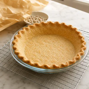 Blind-baked golden pie crust on a wire rack