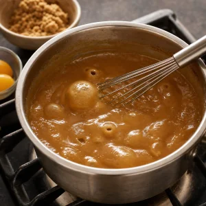 Butterscotch pudding bubbling in a saucepan