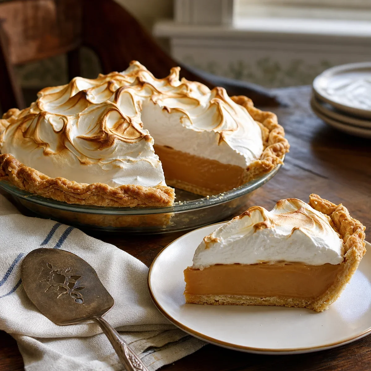 Butterscotch pudding pie with toasted meringue