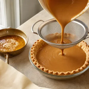Butterscotch pudding strained into the pie crust