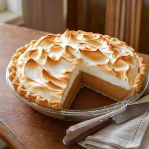 Chilled pie with toasted meringue and clean cut layers