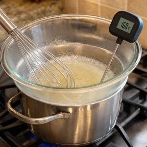 Swiss meringue heated over simmering water