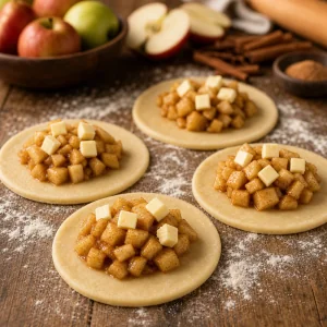 Apfelfuellung und Butterwuerfel auf Teigkreisen