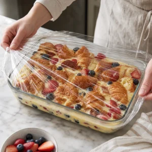 Covering the soaked croissant French toast bake tightly with plastic wrap.