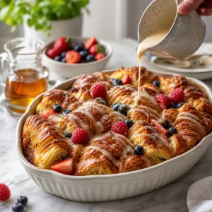 Drizzling maple glaze over warm croissant French toast bake with berries.