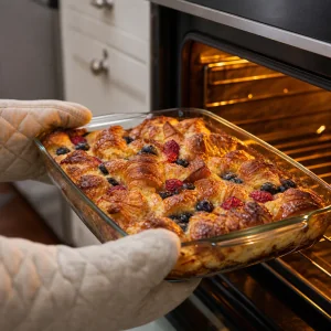Golden puffed croissant French toast bake being removed from the oven.
