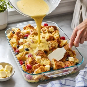 Pouring custard over croissants and berries in the baking dish.