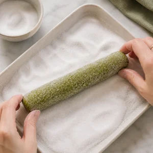 Chilled matcha dough log rolled in granulated sugar
