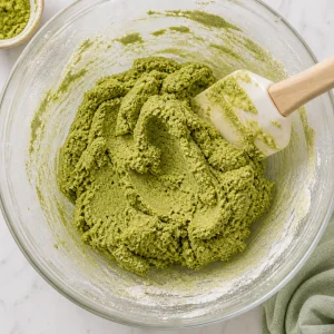 Cohesive green matcha shortbread dough formed in the mixing bowl