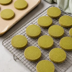 Finished matcha shortbread cookies cooling on a wire rack