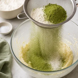 Flour matcha powder and salt sifted into the butter mixture