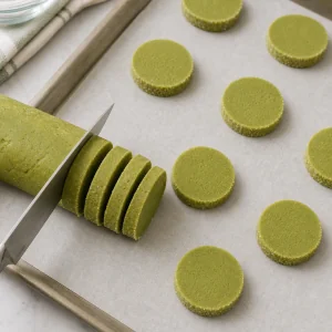 Matcha dough log sliced into rounds on a parchment lined baking sheet