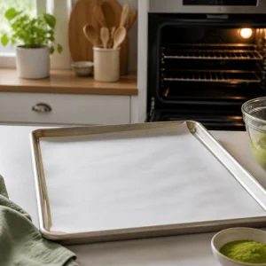 Parchment lined baking sheet ready for matcha shortbread cookies