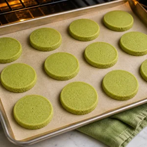 Vivid green matcha shortbread rounds baked with set edges