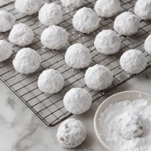 Biscoitos bola de neve de pecan frios sobre grade com segunda camada espessa de acucar de confeiteiro