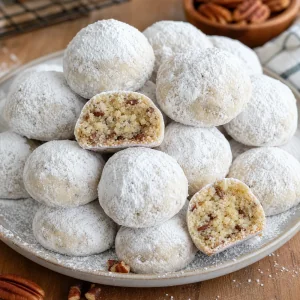 Fertige Pecan-Schneeballplaetzchen mit Vanillepuderzucker und geroesteten Pecan-Nuessen im Inneren