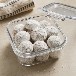 Biscoitos bola de neve de pecan prontos guardados em recipiente hermetico transparente