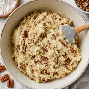 Mistura de farinha e pecans tostadas picadas incorporadas a massa amanteigada dos biscoitos